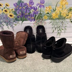 UGG Classic Brown Boots, UGG Black Slippers and SO Abigail Boots.